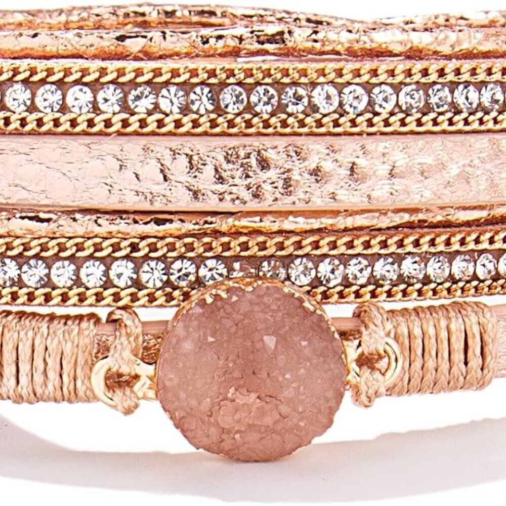 Leather Wrap Bracelet Boho Jewelry CZ Druzy Quartz Women Gift